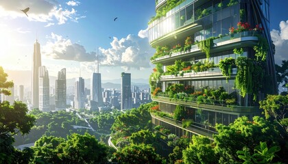 Obraz premium A futuristic metropolis embraces nature, showcasing a towering, verdant skyscraper nestled amongst lush greenery.