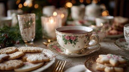 Fototapeta premium A beautifully set table with a floral teacup, cookies, and candles. The warm ambiance creates a cozy holiday atmosphere.
