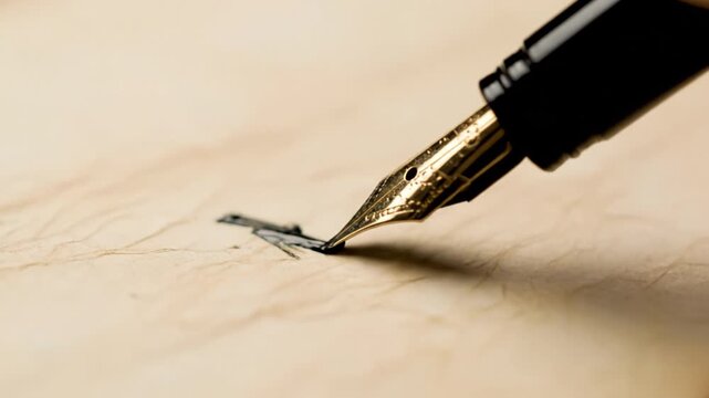Fountain pen gold nib writing close up textured paper with elegant vintage calligraphy, handwriting, and classic stationery, showcasing ink flow and refined craftsmanship every detail for timeless