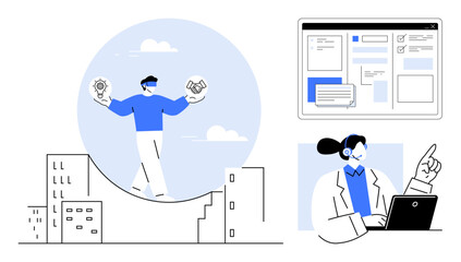 Person balancing a lightbulb and chat icon, representing innovation and communication, alongside digital interface and workspace. Ideal for teamwork, productivity, strategy, creativity