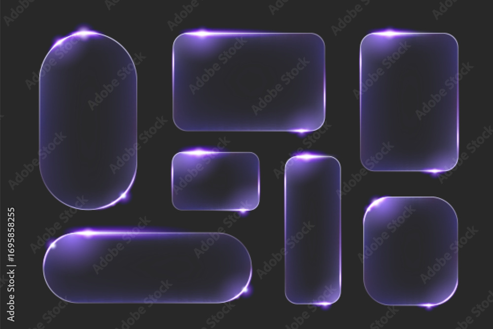 Poster neon glass frame set with purple glow effects and rounded corners for modern ui design. dark transpa