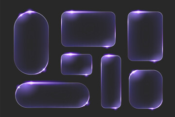 Obraz na płótnie Canvas Neon glass frame set with purple glow effects and rounded corners for modern UI design. Dark transparent panels with bright edge lighting and various rectangular shapes. Futuristic buttons or banners