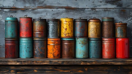 A collection of vintage rusty metal canisters arranged on a wooden shelf