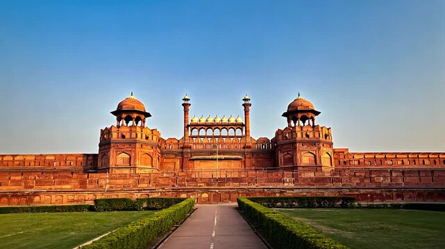 red fort in delhi at sunrise indian landscape zoom out video	
