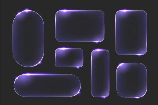 Neon glass frame set with purple glow effects and rounded corners for modern UI design. Dark transparent panels with bright edge lighting and various rectangular shapes. Futuristic buttons or banners