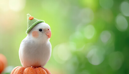 Obraz premium White cockatiel bird wearing green wizard hat perched on orange pumpkin, surrounded by soft green bokeh background, creating whimsical and cheerful atmosphere