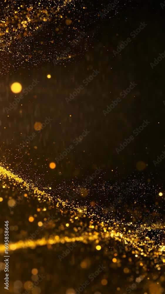 Poster elegant golden sparkles flowing and drifting on a dark background with bokeh light circles creating 