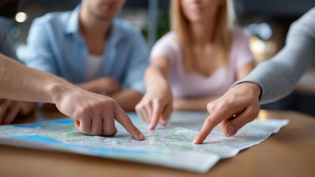 Group planning vacation map planning trip friends pointing at map excited route ideas