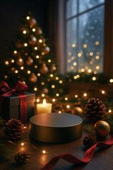christmas still life. Cozy Dimly Lit Christmas Scene with Metallic Podium and Festive Decor