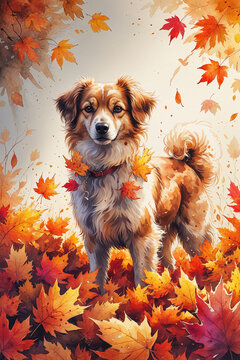 Cute dog in autumn leaves, watercolor illustration