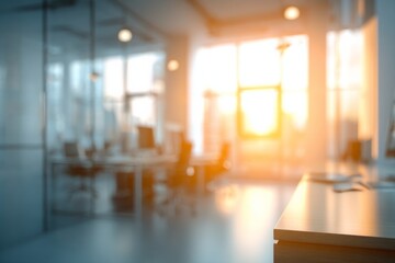 Fototapeta premium Blurred modern office background with soft sunlight coming through.