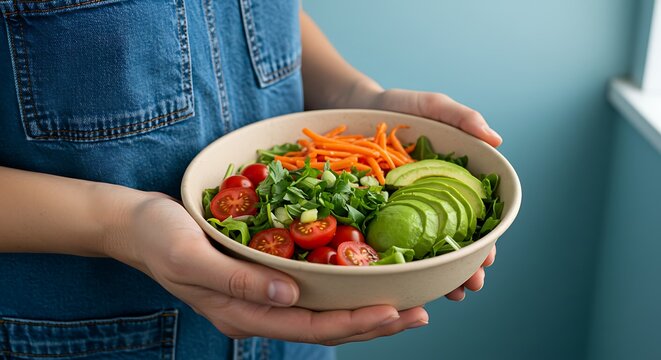 Person holding a bowl of fresh salad with vegetables and avocado slices - Powered by Adobe