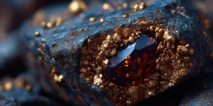 A beautiful gemstone is set in a dark, textured stone, surrounded by gold details.