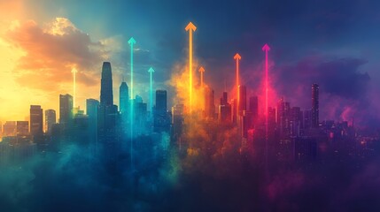 Fototapeta premium Vibrant city skyline with colorful growth arrows symbolizing progress and dynamism