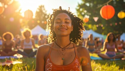 A serene woman meditates outdoors at a festival, surrounded by other meditators, bathed in golden sunlight.