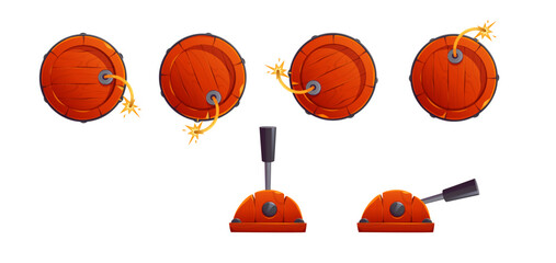 Wooden barrels with burning fuse and cartoon dynamite - explosion device for game detonator with lever. TNT object design with wood orange texture. Animation frame illustration for adventure ui.