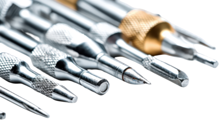 Collection of Silver Precision Screwdrivers on Transparent Background