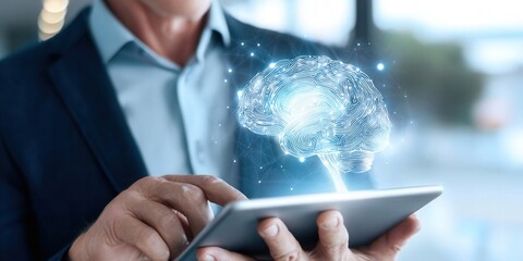 A businessman explores digital artificial intelligence with a tablet.