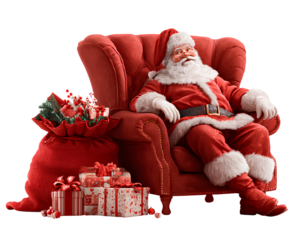 Santa Claus sitting in his chair next to a large red bag of gifts, transparent background PNG file.