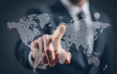 Businessman's finger points to global map, digital world