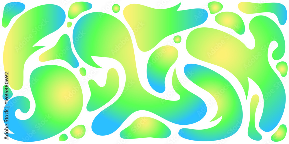 Poster funky liquid shape design with gradient blobs in green, blue and yellow colors for modern background