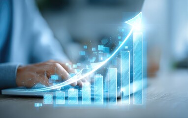 Person working on laptop, upward growth graphic overlay