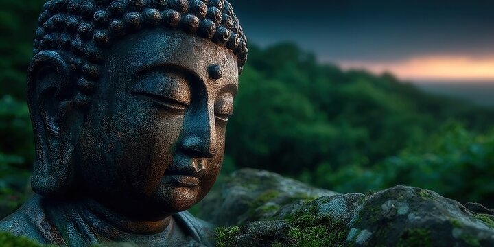 A close-up shot of a weathered Buddha statue in a tranquil outdoor setting, fostering peace.
