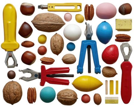 Colorful Assortment of Nuts and Nutcrackers on Black Background