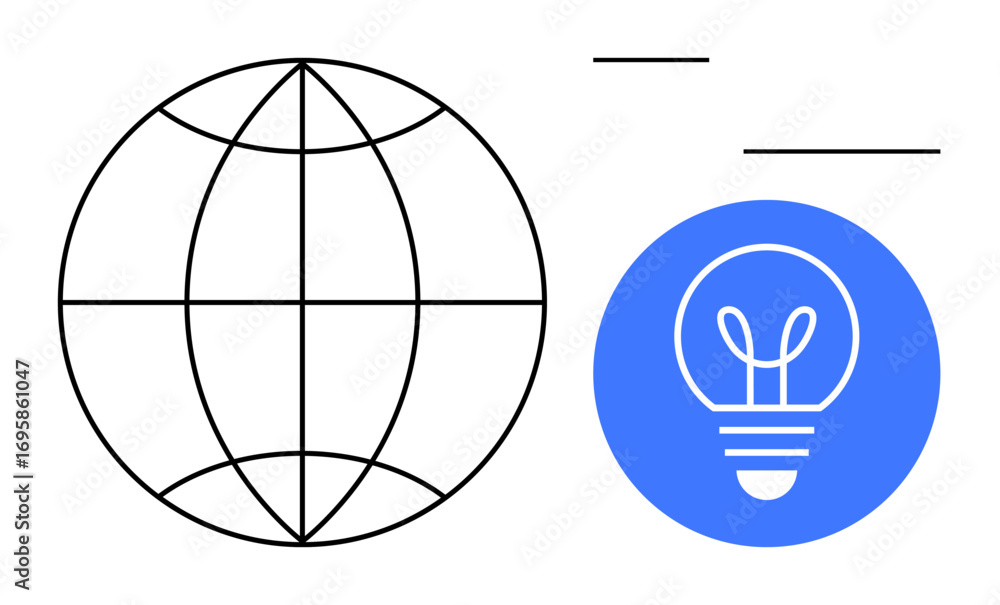 Poster globe with intersecting lines next to light bulb within blue circle representing ideas, innovation, 