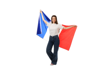 Celebration with a woman showcasing a flag, isolated on white, PNG
