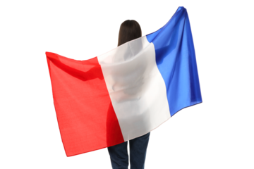 Individual displays the French flag proudly, isolated on white, PNG