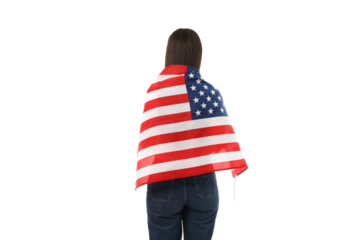 Woman proudly wrapped in US flag, isolated on white, PNG
