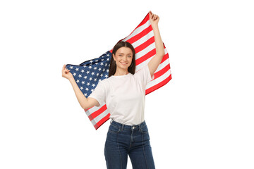 Woman proudly waves an American flag, isolated on white, PNG