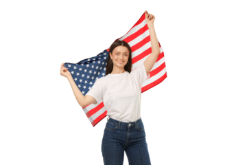 Woman proudly waves an American flag, isolated on white, PNG