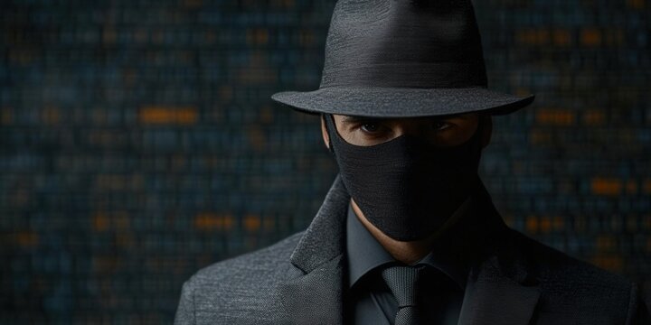 A mysterious man in a hat and face mask looks intensely at the camera