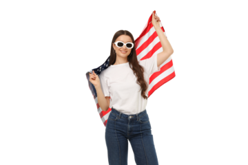 Joyful woman in casual clothes with flag, isolated on white, PNG