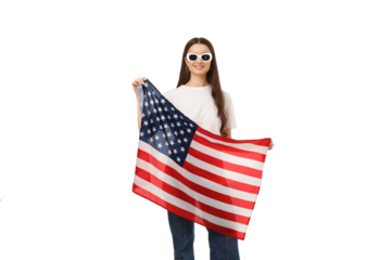 Woman proudly waves American flag joyfully, isolated on white, PNG