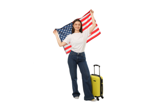 Woman with flag and luggage, ready to go, isolated on white, PNG