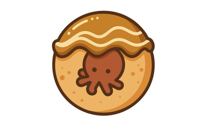 A cute cartoon illustration of a Japanese takoyaki ball with a small octopus inside and sauce drizzled on top. (Created Using Generative AI Tools)