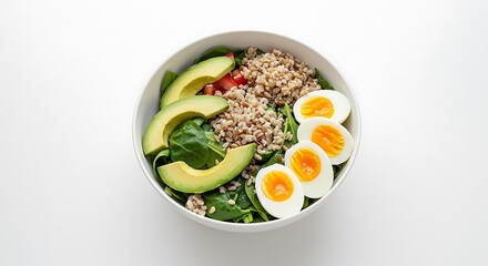 Healthy Bowl with Avocado, Quinoa, Spinach, and Boiled Eggs