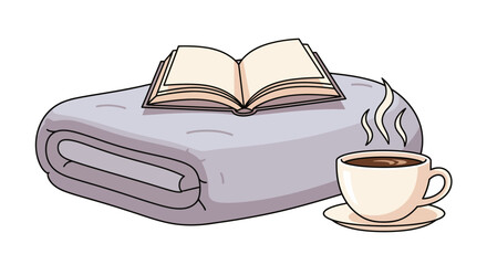 Cozy moment of relaxation with a warm drink and a good book on a soft blanket. Hygge lifestyle concept illustration