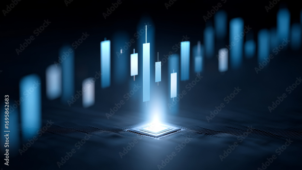 Poster ai chip glowing on circuit board with stock market candlestick chart floating above in futuristic di