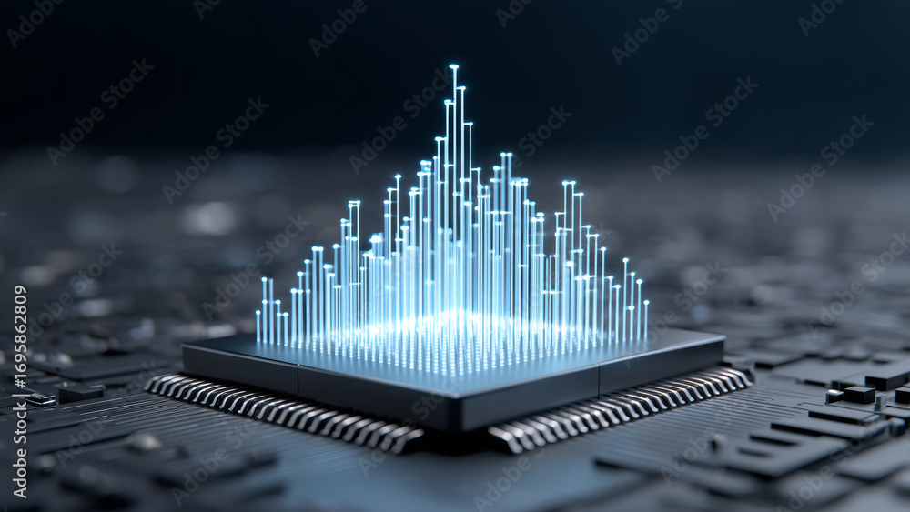 Poster ai chip with glowing data visualization on electronic circuit board representing stock market analys
