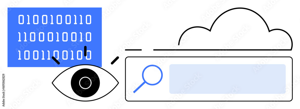 Poster eye observing binary codes, search bar near cloud icon, emphasizing data analysis, cloud storage, on