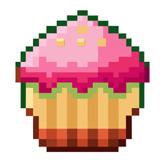 Fototapeta premium Charming pixel art cupcake illustration, a delightful sweet treat perfect for playful designs and food-themed projects