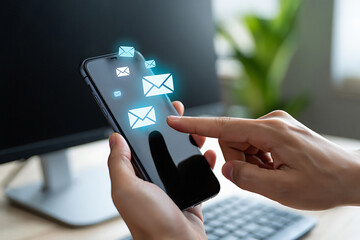 Person using a smartphone to manage emails and messages with digital icons floating around the device for communication and connectivity.
