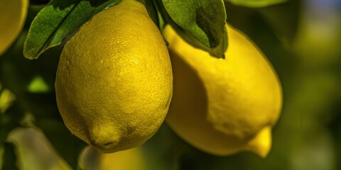 Vibrant close-up of ripe lemons hanging on a lemon tree branch under sunlight.