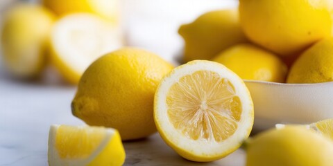 Fresh lemons, some sliced, offer a vibrant and healthy look, perfect for culinary or refreshing drinks.