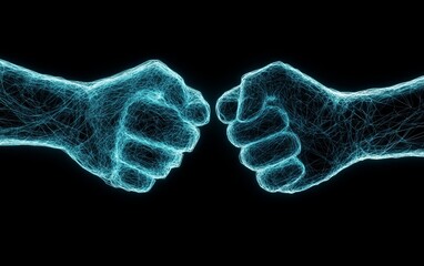 Digital, glowing wireframe hands performing a fist bump in a blue color on a dark background