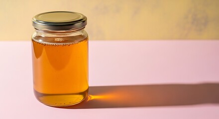 Inviting jar of golden honey, with sleek lid, casting an angular shadow